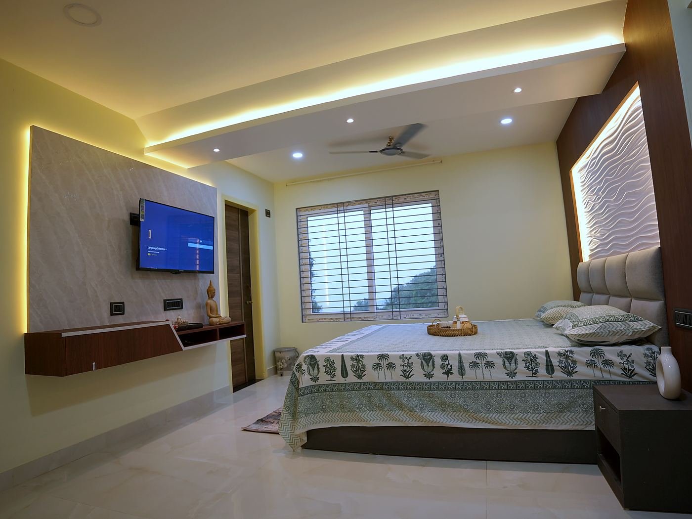 Classic Room — king bed beneath a backlit, wave-textured headboard, with the window on the right